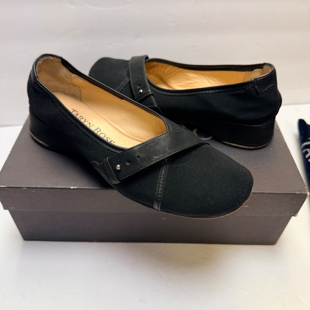 Taryn Rose Kami Black Fabric Leather Strap Wedge Pumps Made in Italy Size 36.5 M